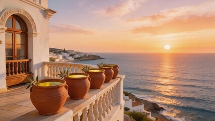 Obraz premium Balcony overlooking ocean at sunset