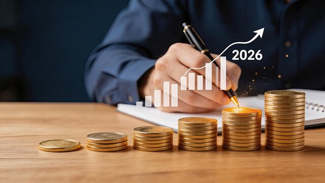 Hand writing future investment plan for 2026 year, gold coins stack growing, business growth chart, financial planning, wealth accumulation, economic forecast, strategic goal