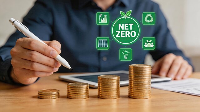 Net zero carbon emission concept, green energy investment, sustainable finance growth with coins stack and eco icons for environmental business strategy planning