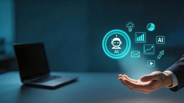 Artificial intelligence concept with robot icon and data charts, AI technology symbol floating above hand, machine learning automation innovation, digital transformation future
