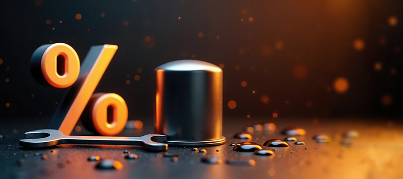 Metallic oil filter and wrench with orange percentage symbol on dark surface. Car service maintenance discount and oil change promotion concept. Professional automotive repair tools