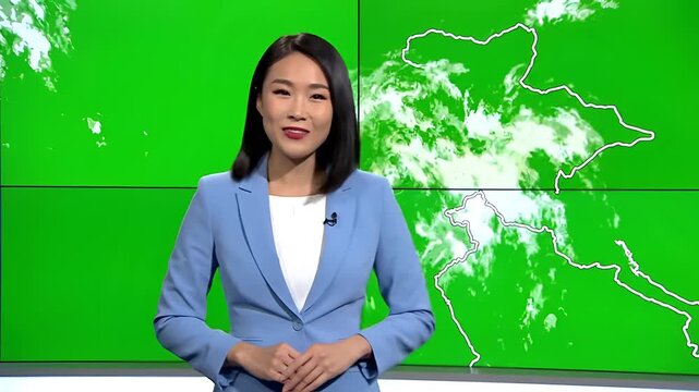 Asian female weather reporter presenting weather forecast on green screen.