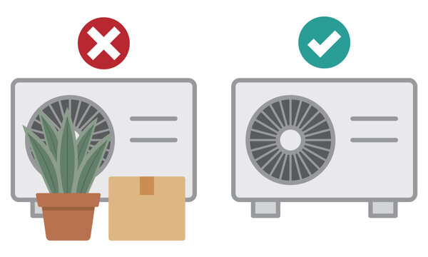 Comparison of correct and incorrect air conditioner outdoor unit placement