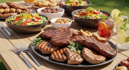 Obraz premium Vibrant outdoor barbecue buffet set on a wooden table under bright summer sunlight with grilled meats, fresh salads, and refreshing drinks, gourmet, dinner, leisure