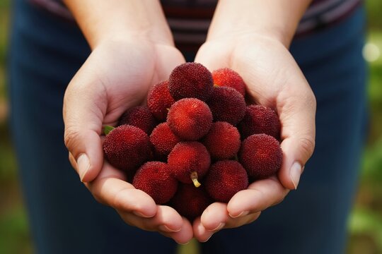 Person holds bunch of ripe red Muntingia calabura fruits in cupped hands. Sweet juicy berries are harvested from tree. Healthy natural food.