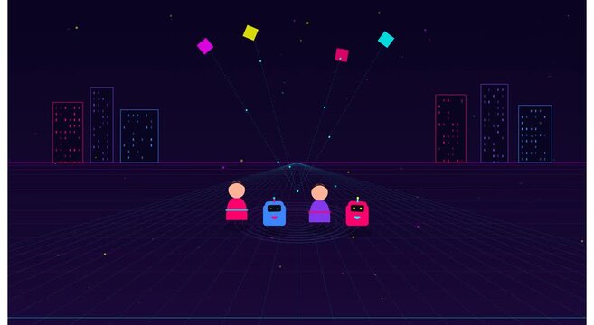 Futuristic digital network with robots and avatars in animation