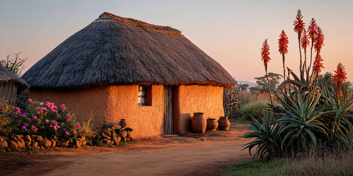 Traditional Thatched Rondavel Hut with Flowers on Dirt Road