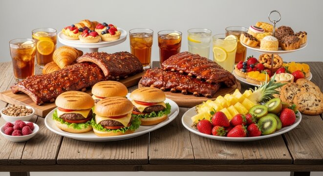 A rustic wooden table displays a massive feast with grilled burgers, glazed ribs, sliced fruit, sweet pastries, cookies, and cold drinks, catering, celebration, lawn