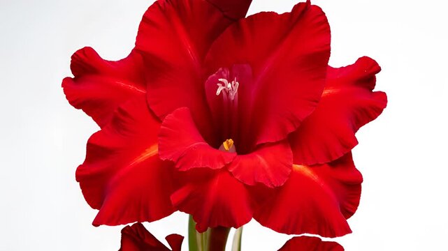 Closeup of a vibrant red gladiolus flower in full bloom.