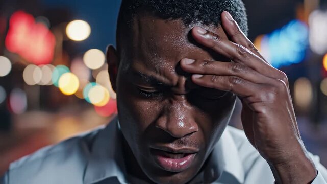Man holding his head in frustration with blurred city lights in the background at night.