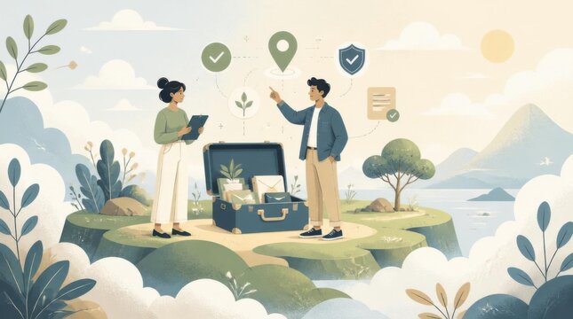 Flat vector illustration of a couple packing a suitcase for a safe travel adventure in nature.