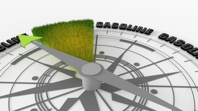 The needle of compass points to the word electric with green grass sector ignoring the words gasoline. Choosing or comparing electric versus gasoline fuel powered motor vehicle concept. 3D render