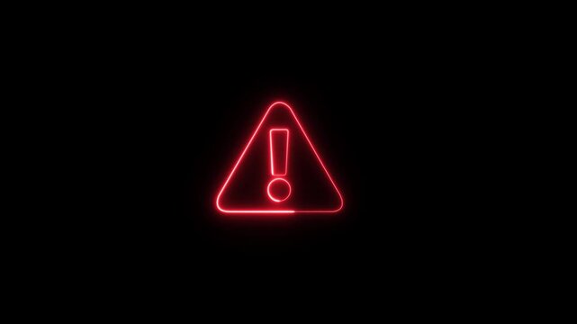 Animation of glowing neon Warning attention icon signal , alert , risk , safety, danger road warning sign animated 4k video, danger risk alert road on Black Background and features 4k Animation video