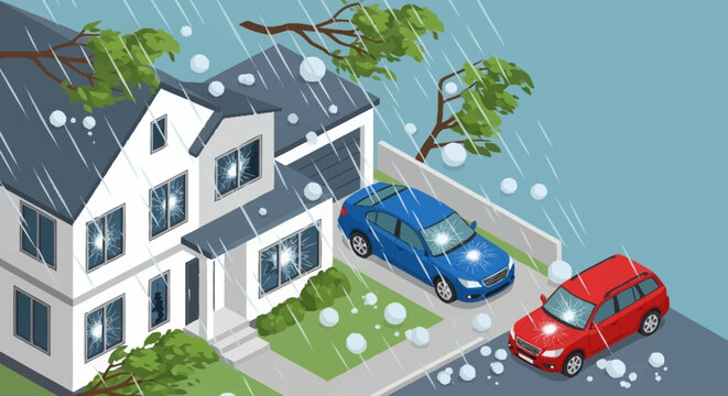 Hail storm damaging house and cars.