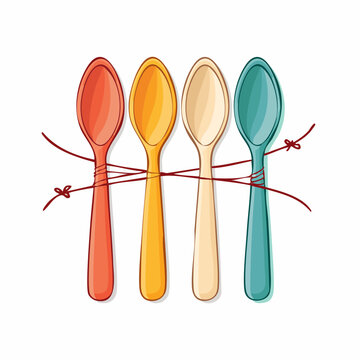Four colorful spoons tied together with red string