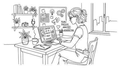 Obraz premium woman sitting at desk with computer and plants.