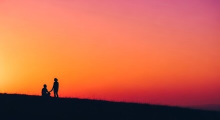 Fototapeta premium Gentle evening glow over the horizon as two silhouettes share a quiet moment on a grassy ridge. Vibrant orange and pink hues fill the sky, togetherness, coast, grass