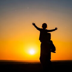 Fototapeta premium A striking silhouette of a larger figure carrying a smaller one on shoulders against a vibrant golden sunset and orange horizon backdrop, background, inspiration, nature