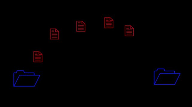 Files in red color move from one blue folder to another blue folder to signify a data migration task on a dark background featuring a clean design for technical business and corporate presentations.