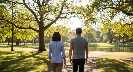 Obraz premium Couple enjoying a peaceful walk in a sunlit park.