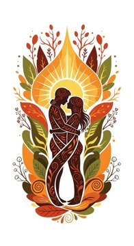 Bohemian style vector artwork featuring silhouettes in a warm embrace, with radiant sun motifs, earthy flora, and organic decorative shapes, vintage, celestial, textures