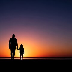 Fototapeta premium Tall and small silhouettes walking side by side toward a glowing horizon at dawn, capturing a symbolic bond and the beauty of a new day, perspective, journey, unity