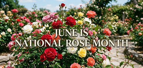 Naklejka premium June is National Rose Month with a Beautiful Blooming Rose Garden