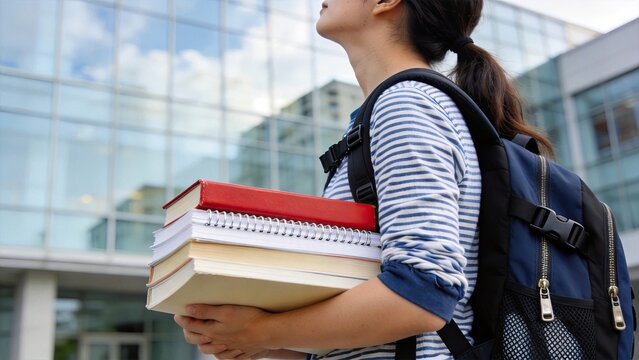 Female university student holding stack of textbooks and notebooks with backpack, looking up at modern glass building on campus, education and academic success concept