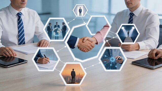 Business professionals shaking hands over digital network connection, corporate partnership agreement, global team collaboration and strategic alliance concept in modern office