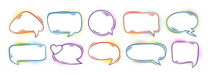 Obraz premium Comic speech bubble set. Blank cartoon text boxes, halftone dialog clouds, doodle chat balloons bright colors. Pop art frames for sticker, logo, tag and banner. Vector collection