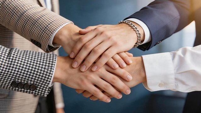 Close-up of diverse business team members stacking hands together in a gesture of unity, partnership, and collaboration, symbolizing successful teamwork, corporate solidarity,