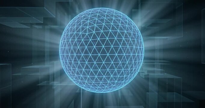 Abstract digital sphere with geometric network and light rays