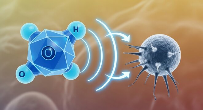 Ozone molecule attacking virus conceptual illustration of disinfection process.