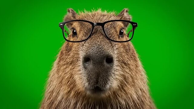 Clever capybara wearing stylish eyeglasses, captivating close-up against green screen, ideal for dynamic video, character animations, or educational media