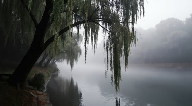 Misty river scene features weeping willow tree over calm water. Foggy bank with rich trees adds atmosphere. Serene nature landscape reflects tranquil mood. Peaceful morning or evening setting.
