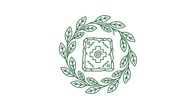 Ancient Andean Symbol Stone Carving with Green Leafy Wreath