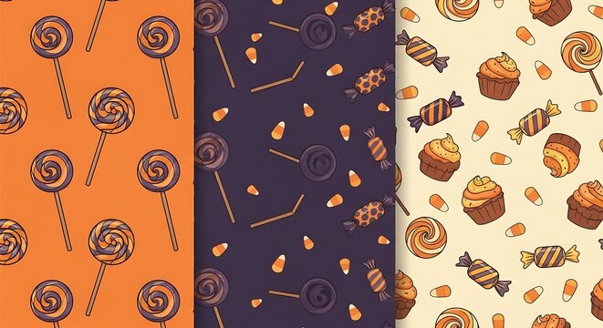 Halloween candy pattern set lollipops cupcakes and sweets on orange backgrounds