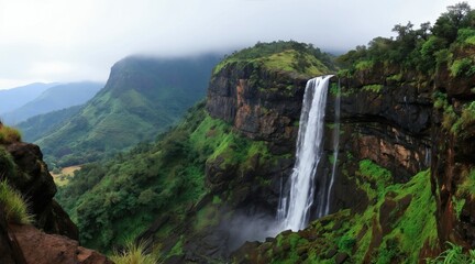 Obraz premium Water cascades down steep green mountain cliff in India. Lush vegetation covers rocky hillsides. Mist rises from plunging water in a tropical valley. Serene natural landscape.