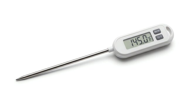Digital thermometer with stainless steel probe for temperature measurement.