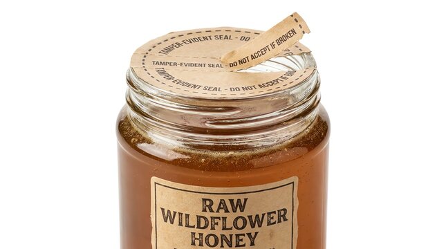 Natural Raw Wildflower Honey in a Glass Jar with a Wooden Dipper.