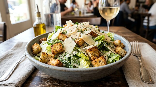 Fresh Caesar Salad with Croutons and Parmesan Cheese in a Rustic Bowl.