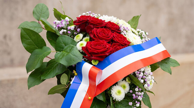Gerbe florale patriotique orn&eacute;e d&rsquo;un ruban tricolore fran&ccedil;ais