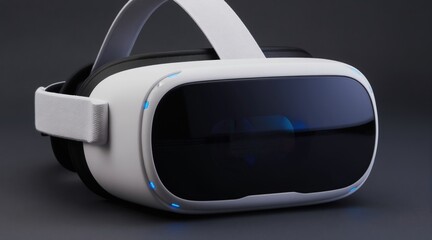 Naklejka premium Modern white virtual reality headset with blue LED lights. This immersive tech gear offers 3D entertainment and gaming experiences. Explore new digital worlds with VR.