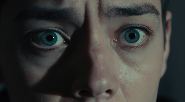 Wide blue eyes with dilated pupils show fear and distress. A person face displays heavy breathing and tension. This image conveys panic and anxiety.