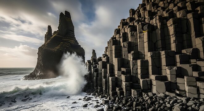 Waves crash against the iconic hexagonal basalt columns of a rugged coastline under a cloudy sky with large rock formations.