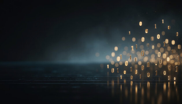Golden glowing binary code numbers floating in a dark digital atmosphere with mist and floor reflections, representing big data and artificial intelligence in a futuristic 3D render.