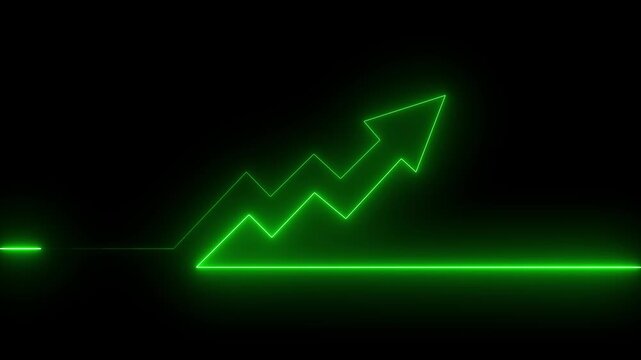 Glowing neon arrow business graph chart icon animation on black background. Market Recovery Concept. Successful growth trend Green line graph going Up.