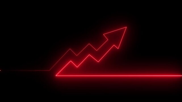 Glowing neon arrow business graph chart icon animation on black background. Market Recovery Concept. Successful growth trend Green line graph going Up.