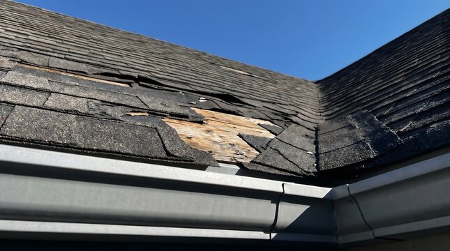 Damaged roof shingles and gutter system