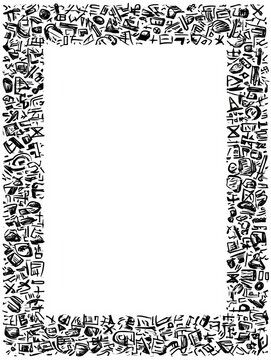 A doodle border filled with hand-drawn math symbols and shapes surrounding a white empty space in the center for custom use.